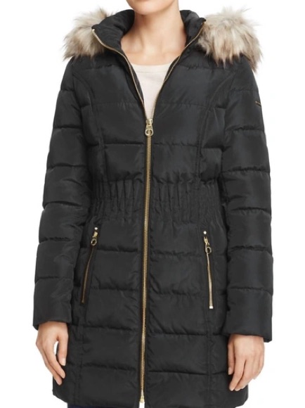Laundry By Shelli Segal Black Quilted Puffer Coat With Faux Fur Trim